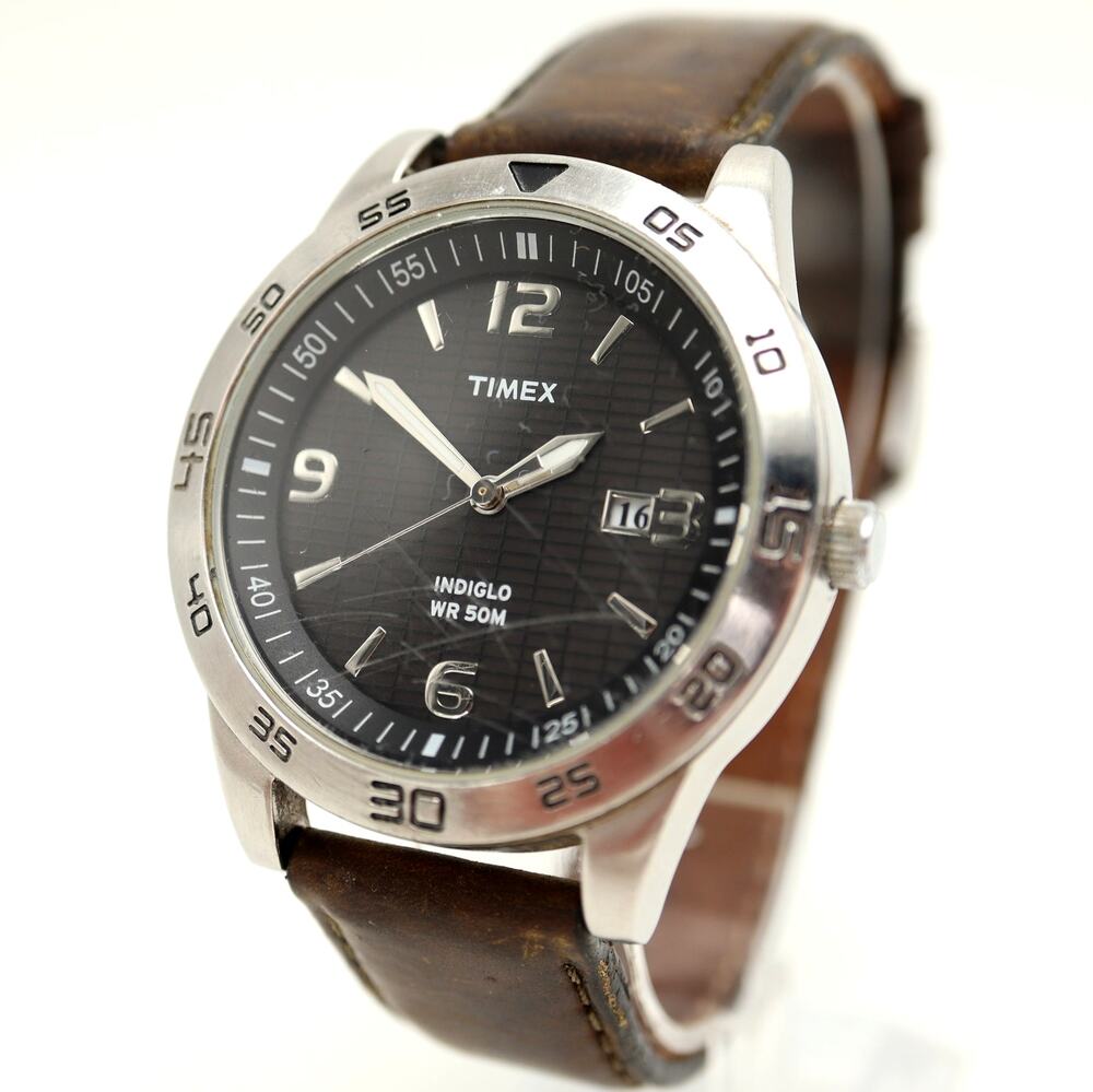 Timex Indiglo Mens 42mm Gray Date Field Watch Brown Leather with New Battery
